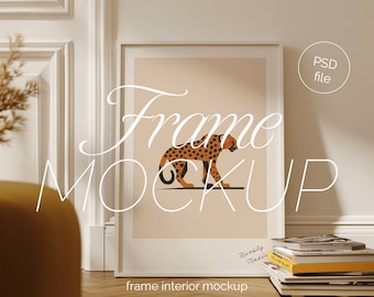 DIN A White Frame Photoshop Mockup for Art and Printables, ISO Leaning Frame PSD Template with Sunny Lighting