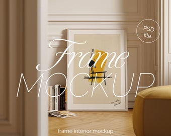 DIN A Vertical Frame Mockup, Frame Leaning on Wall Template for Photoshop, White Wood Frame PSD for Prints and Artwork