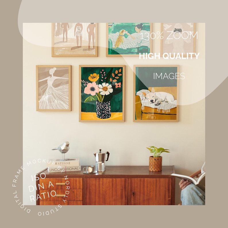 Six frame mockup bundle, set of six frame mockups, set of 6 frames with person, frame gallery mockup, wall gallery mockup light wood