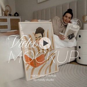Video Frame Mockup With Person, 2:3 Ratio, Thin Wood Frame, PSD Photoshop Animated Mockup, Vertical Frame Video Mockup Bedroom Interior MOV