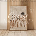Japandi Frame mockup light wood DIN A 4, Minimal canvas mockup on the floor, frame mockup leaning on wooden slat wall, vertical frame mockup product logo