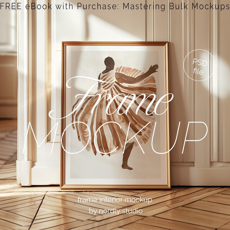 DIN A Vertical Frame Mockup, Frame Leaning on Wall Template for Photoshop, Thin Wood Frame PSD for Prints and Artwork, Wall Panelling Mockup