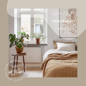 Vertical Frame Mockup Bedroom, DIN A Ratio, Thin Wood Frame, PSD Photoshop Photopea Mockup, interior frame mockup, glass reflection mockup