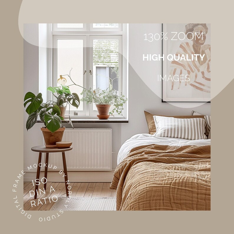 Vertical Frame Mockup Bedroom, DIN A Ratio, Thin Wood Frame, PSD Photoshop Photopea Mockup, interior frame mockup, glass reflection mockup