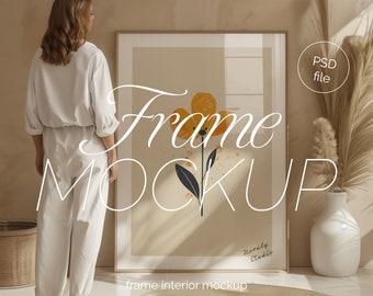 Frame Mockup With Person, ISO DIN A Ratio, Woman standing frame mockup, PSD Photoshop Mockup, Interior Frame Mockup, Boho Frame Mockup