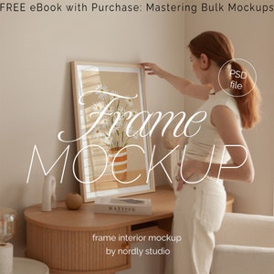 Frame Mockup With Person, DIN A Ratio, Thin Wood Frame, PSD Photoshop Photopea Mockup, Frame Mockup Home Interior, Office Frame Mockup