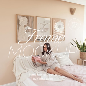 Set of 3 Frames Mockup for Photoshop DIN A Frame Template for Prints and Artwork PSD Set of Three Glass Frames Mockup with Person in Bedroom