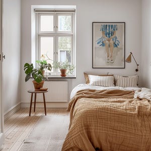 Vertical Frame Mockup Bedroom, DIN A Ratio, Thin Wood Frame, PSD Photoshop Photopea Mockup, interior frame mockup, glass reflection mockup
