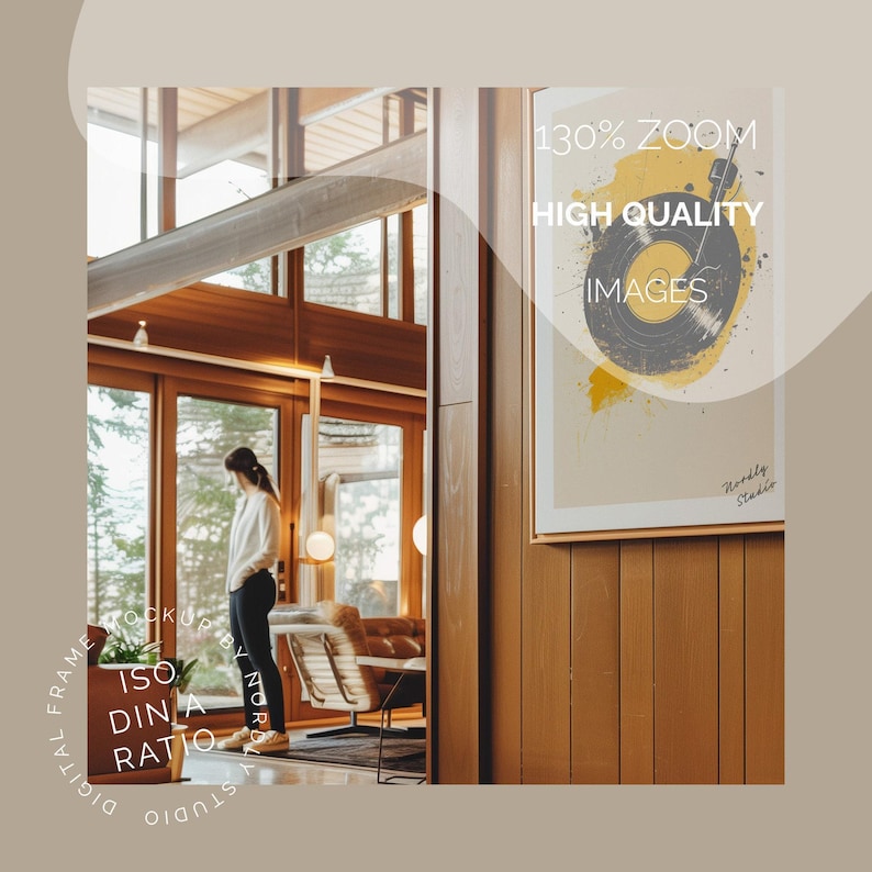 Vertical Framed Canvas Mockup: Mid-Century Modern Interior (PSD) image 3