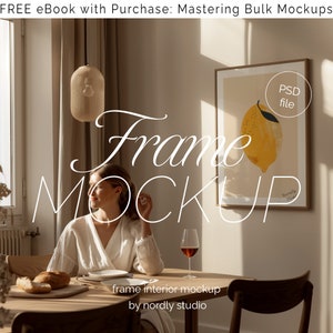 Frame Mockup With Person, DIN A Ratio, Thin Wood Frame, PSD Photoshop Photopea Mockup, Frame Mockup Home Interior, Dining Table Frame Mockup