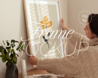 Frame Mockup With Person, DIN A Ratio, Thin Wood Frame, PSD Photoshop Photopea Mockup, Frame Mockup Home Interior, Office Frame Mockup