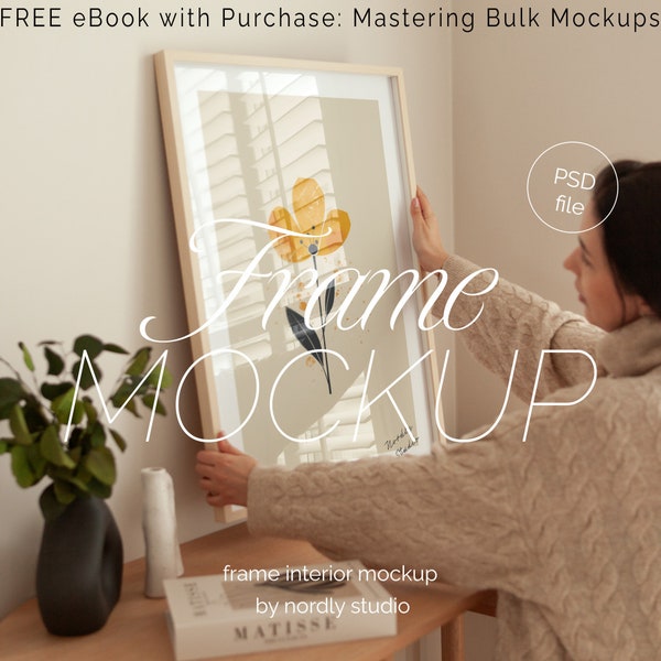 Frame Mockup With Person, DIN A Ratio, Thin Wood Frame, PSD Photoshop Photopea Mockup, Frame Mockup Home Interior, Office Frame Mockup
