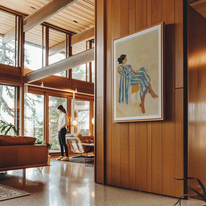 Vertical Framed Canvas Mockup: Mid-Century Modern Interior (PSD) image 9