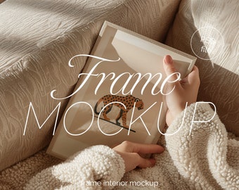 Frame Mockup With Person, DIN A Ratio, Minimal Wooden Frame Mockup, PSD Photoshop Mockup, Frame Mockup Home Interior, Person hodling frame