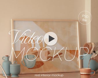 Videomodel met dun houten frame: scène keukeninterieur (PSD en MOV)