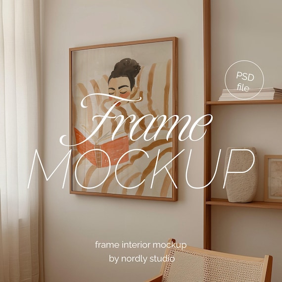 Vertical Wood Frame Mockup: A2 Size, Bookshelf Scene