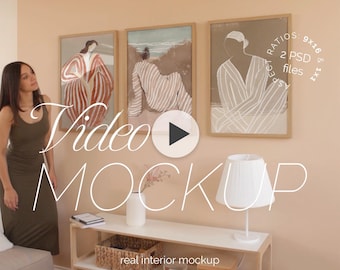 Conjunto de 3 mockups de quadros de vídeo: madeira fina, proporção DIN A (PSD, MOV)