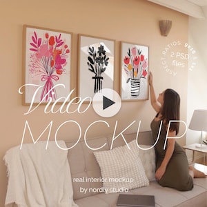 Set of 3 Video Frame Mockup With Person, DIN A Ratio, Thin Wood Frame, PSD Photoshop Animated Mockup, Frame Video Template Home Interior MOV