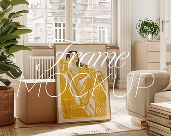 Glass Frame Mockup Living Room, DIN A Ratio, Thin Wood Frame, PSD Boho Style Mockup, interior frame mockup, Portrait glass reflection mockup