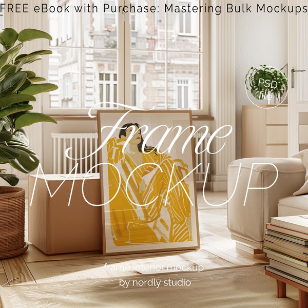 Glazen frame mockup woonkamer, DIN A-verhouding, dun houten frame, PSD Boho stijl mockup, interieur frame mockup, portret glas reflectie mockup