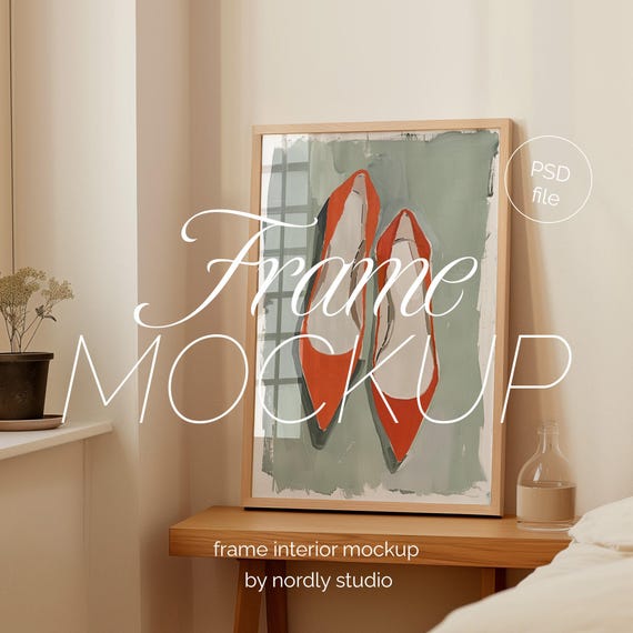 Wood Frame Mockup: Vertical Bedroom Scene, A2 Size