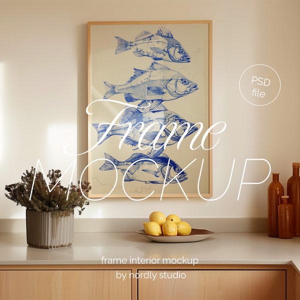 Frame mockup light wood, DIN A 4 in kitchen food scenario on concrete mockup, Vertical frame mockup scandinavian interior lemons