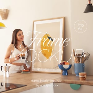 Vertical Glass Frame Mockup Kitchen with Person, DIN A Ratio, Thin Wood Frame, PSD Photoshop Photopea Mockup, interior frame mockup