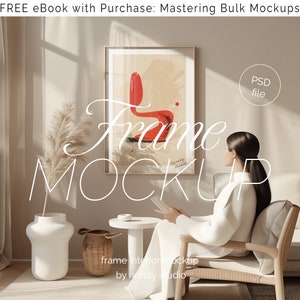 Frame Mockup With Person, DIN A Ratio, Thin Wood Frame, PSD Photoshop Photopea Mockup, Frame Mockup Home Interior, Boho Frame Mockup