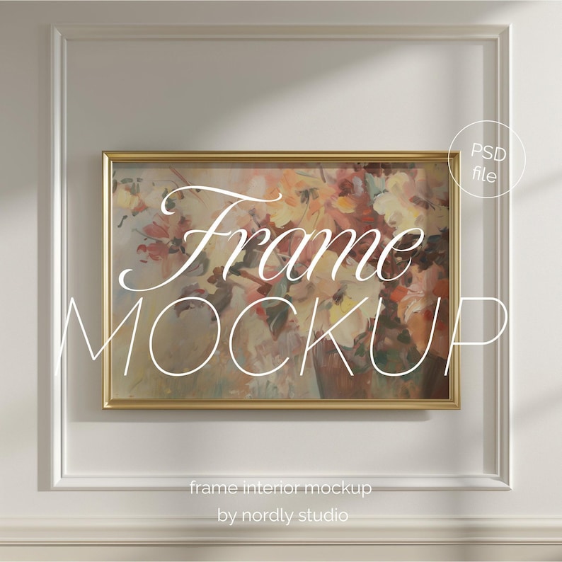 DIN A Horizontal Frame Mockup, Frame Hanging on Wall Panelling Template for PS, Gold Frame PSD for Prints & Artwork, Scandinavian Mockup