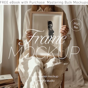Frame Mockup With Person, DIN A Ratio, Thin Wood Frame, PSD Photoshop Photopea Mockup, Frame Mockup Home Interior, Boho Frame Mockup