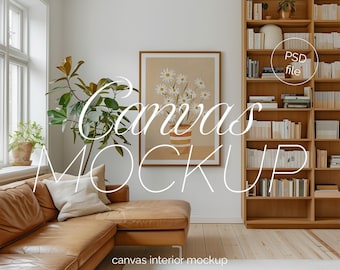 Boho Living Room Frame Mockup: Wood Canvas, DIN A Ratio (PSD)