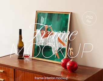 Bar Cart Art Mockup: Golden Frame, 4x5 Ratio (PSD File)