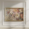 DIN A Horizontal Frame Mockup, Frame Hanging on Wall Panelling Template for PS, Gold Frame PSD for Prints & Artwork, Scandinavian Mockup product logo