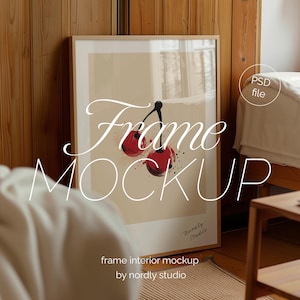DIN Ein weißer Rahmen Photoshop Mockup für Kunst und Printables, ISO Leaning Frame PSD Template Holzwand Latten, Schlafzimmer Innenrahmen Mockup