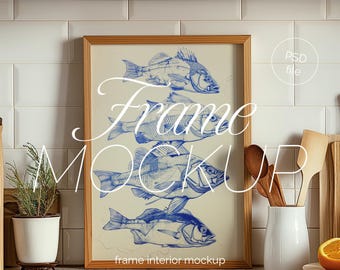 Vertical Canvas Frame Mockup: Thin Wood Frame, Kitchen Scene (PSD)