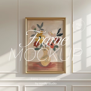 Mockup verticale lijst DIN A, lijst leunend op muur lambrisering sjabloon voor PS, gouden lijst PSD voor prints en kunstwerken, Scandinavisch mockup