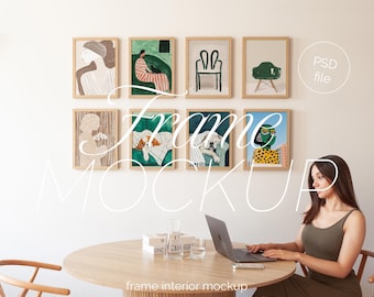Gallery Wall Mockup: Eight Frame Template, Minimalist Style (PSD)