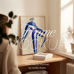 Frame Mockup With Person, DIN A Ratio, Thin Wood Frame, PSD Photoshop Photopea Mockup, Frame Mockup Home Interior, Office Frame Mockup