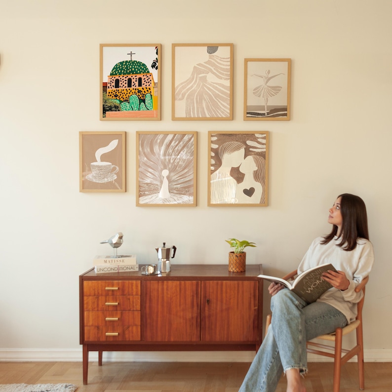 Six frame mockup bundle, set of six frame mockups, set of 6 frames with person, frame gallery mockup, wall gallery mockup light wood