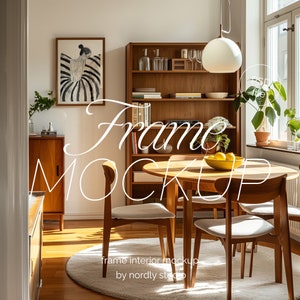 Vertical Frame Mockup Kitchen Dining Room, DIN A Ratio Thin Wood Frame, PSD Photoshop Mockup, interior frame mockup, glass reflection mockup