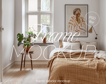 Vertical Frame Mockup Bedroom, DIN A Ratio, Thin Wood Frame, PSD Photoshop Photopea Mockup, interior frame mockup, glass reflection mockup