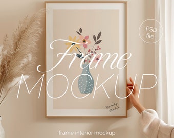 Frame Mockup With Person, DIN A Ratio, Minimal Wooden Frame Mockup, PSD Photoshop Mockup, Frame Mockup Home Interior, Person hodling frame