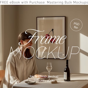 Frame Mockup With Person, DIN A Ratio, Thin Wood Frame, PSD Photoshop Photopea Mockup, Frame Mockup Home Interior, Dining Table Frame Mockup