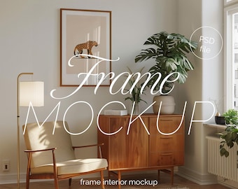 Boho Living Room Frame Mockup: Wood Canvas, DIN A Ratio (PSD)
