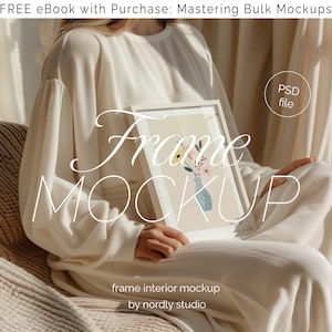 Frame Mockup With Person, DIN A Ratio, Thin Wood Frame, PSD Photoshop Photopea Mockup, Frame Mockup Home Interior, Boho Frame Mockup