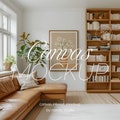 Glass Frame Mockup Living Room, DIN A Ratio, Thin Wood Framed Canvas, PSD Boho Style Mockup, interior floater frame mockup, Portrait mockup product logo