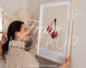 Frame Mockup With Person, DIN A Ratio, Minimal Wooden Frame Mockup, PSD Mockup, Frame Mockup Home Interior, Smiling Woman holding frame