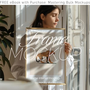 Frame Mockup With Person, DIN A Ratio, Thin Wood Frame, PSD Photoshop Photopea Mockup, Frame Mockup Home Interior, Boho Frame Mockup