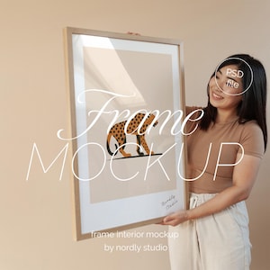 Frame Mockup With Person, DIN A Ratio, Thin Wood Frame, PSD Photoshop Photopea Mockup, Frame Mockup Home Interior, Office Frame Mockup