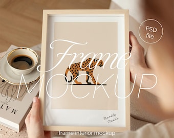 Minimal Wooden Frame Mockup: DIN A Ratio, Coffee Cup & Book (PSD)